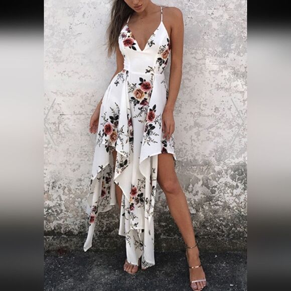 BRAN NEW FLORAL SEXY SPAGHETTI STRAP V-NECK LONGUETTE WOMEN'S DRESS - Picture 1 of 14
